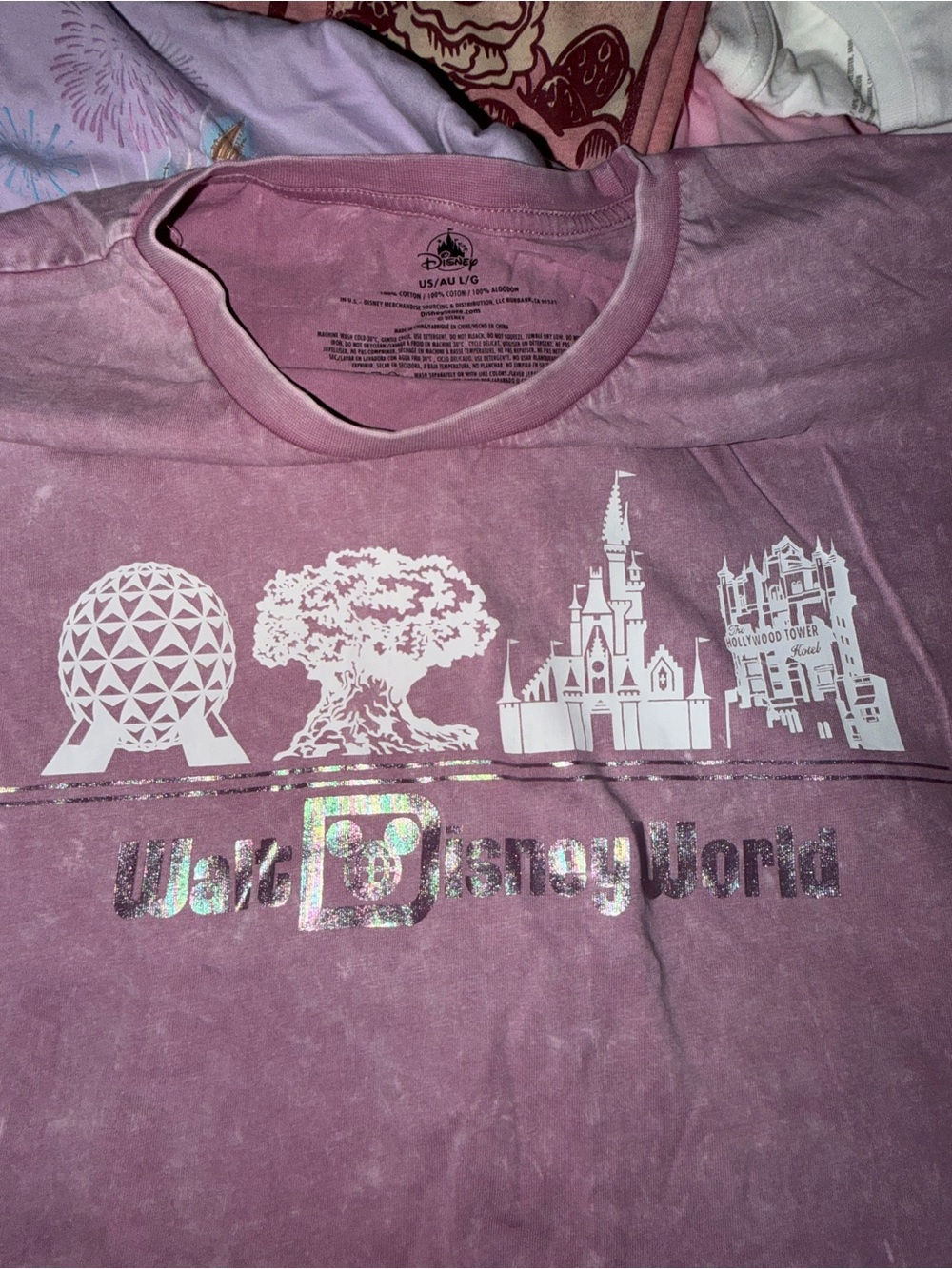 Disney Purple Graphic Tee with Theme Park Icons